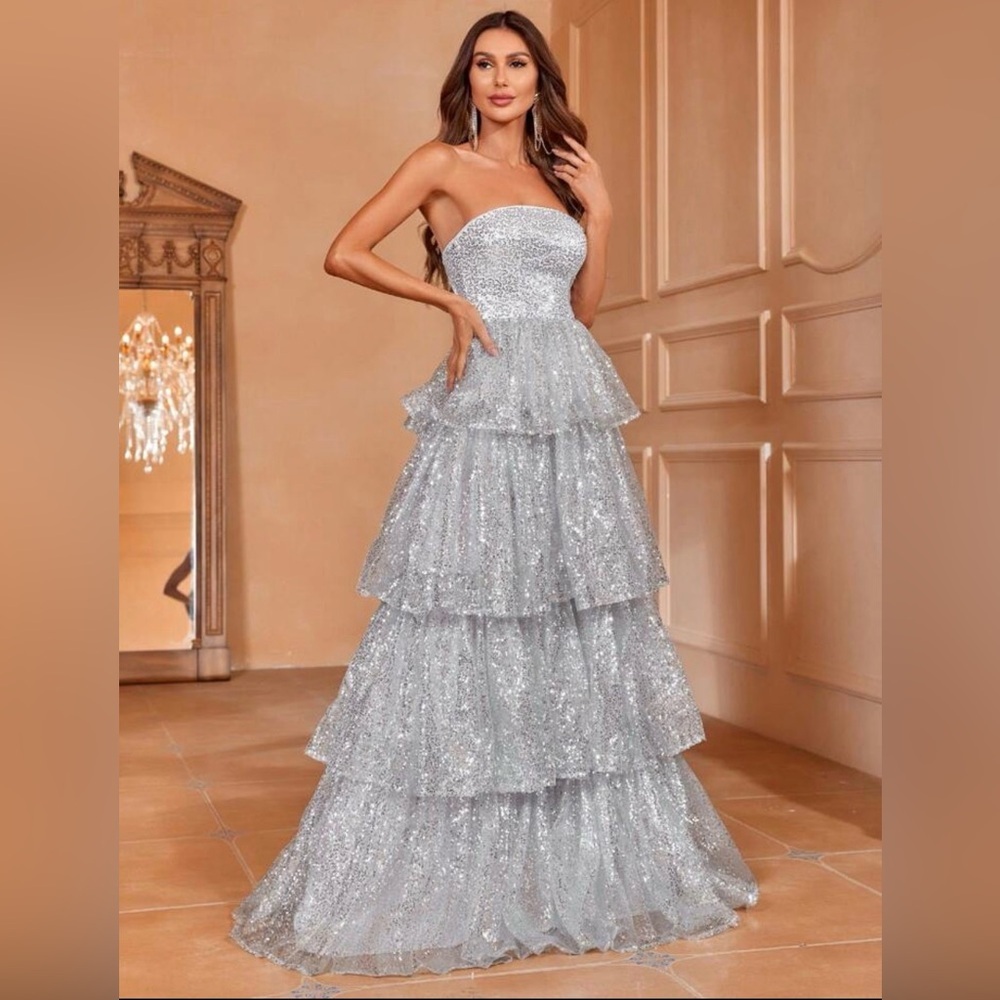 SHEIN Faeriesty Silver Sequin Strapless Layered Tiered Evening Formal Gown- XS